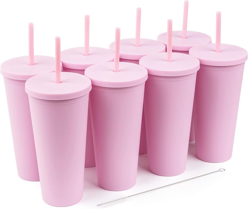 Photo 1 of STRATA CUPS Classic Pink Tumblers with Lids and Straws (8 pack) - 22oz Matte Pastel Colored Acrylic Tumblers with Lids and Straws, Double Wall Tumbler Bulk, Reusable Cup with Straw Cleaner
