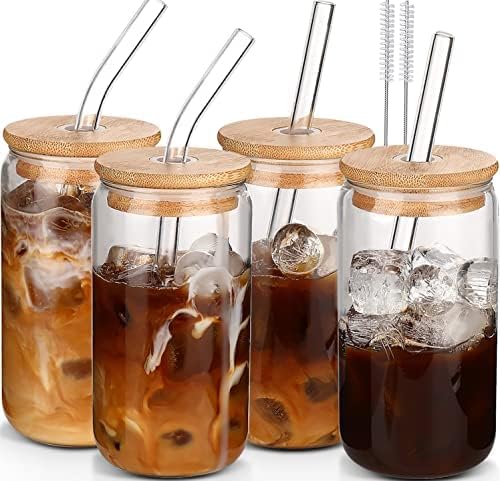 Photo 1 of Glass Cups with Lids and Straws 4pcs-DWTS Coffee cups,Drinking glasses set,Glass tumbler with straw and lid gift 2 Cleaning Brushes