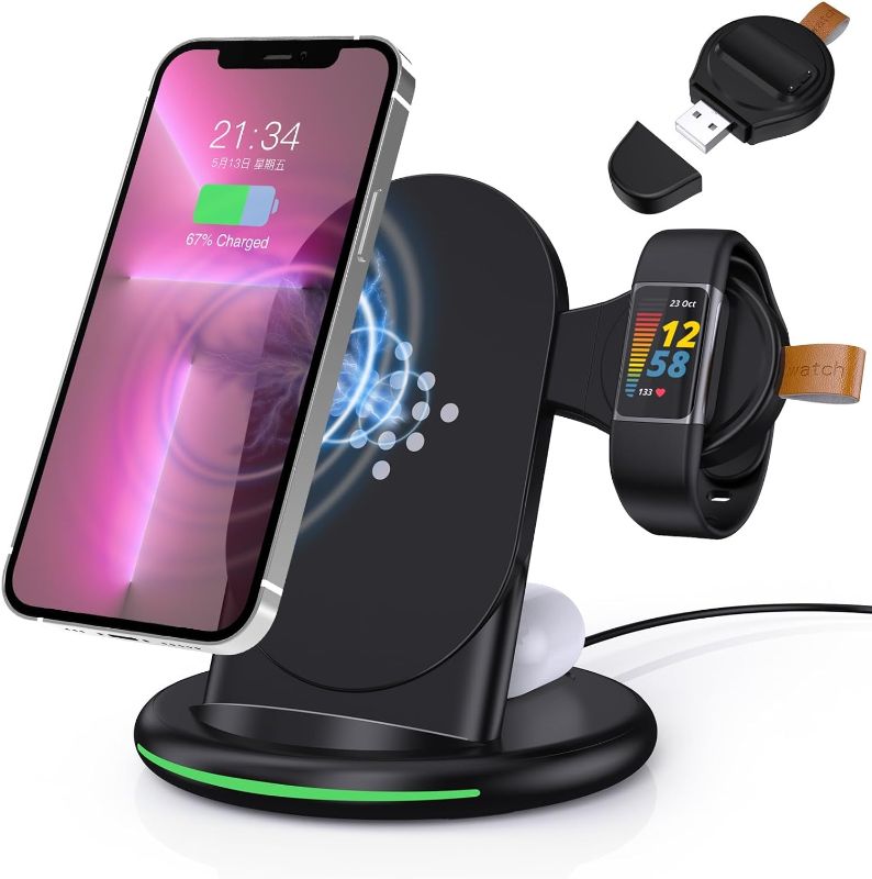 Photo 1 of 3 in 1 Charger for Fitbit Charge 5/Charge 6/Luxe, Charging Station for iPhone 15/14/13 Pro Max/12/11/8, for Samsung Galaxy S23 S22+ S22, for AirPods Pro/3&Galaxy Buds Pro
