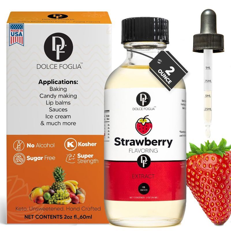 Photo 1 of Strawberry Flavor Concentrate for Food & Cosmetics – 2 Oz. Multipurpose Strawberry Flavoring Oil for Lip Gloss, Pastries, & Candies in Glass Bottle – Confection & Candy Flavoring Oils by Dolce Foglia Exp 2026