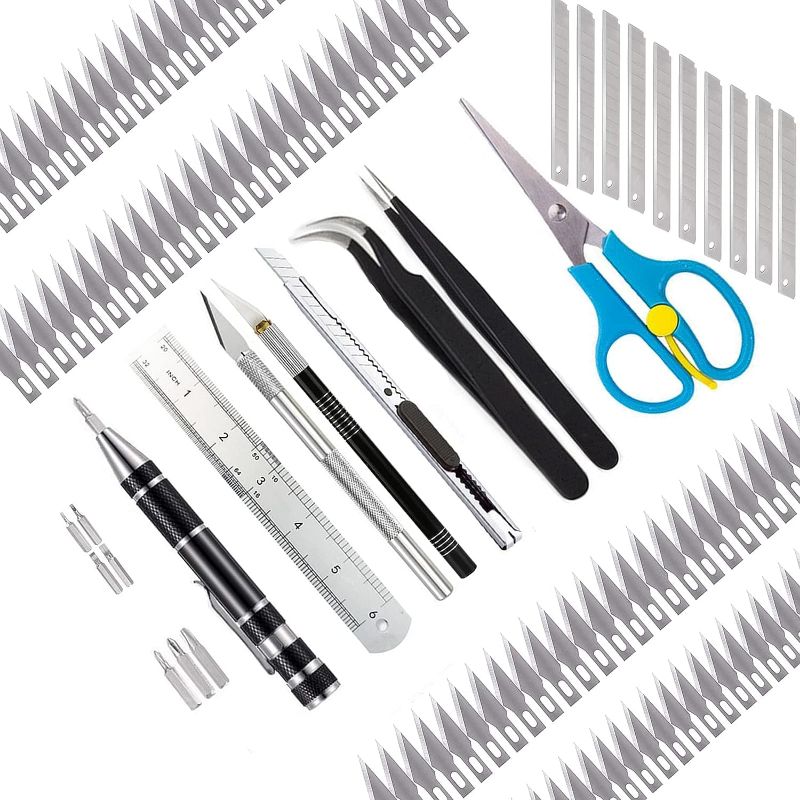 Photo 1 of 110 Pcs Exacto Knife Set Craft Knife Art Knife Stencil Making kit Including Screwdriver Tweezers Scissors Ruler Storage Box are Suitable for Creating DIY Art Works Engraving Craft Cutting
