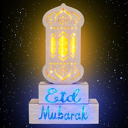 Photo 1 of 12" Ramadan Decorations, Wooden Ramadan Lantern Block with Yellow Blue Lights Eid Mubarak Ramadan Table Centerpieces for Ramadan Gifts Muslim Islam Festival Decor Eid Al Fitr Supplies
