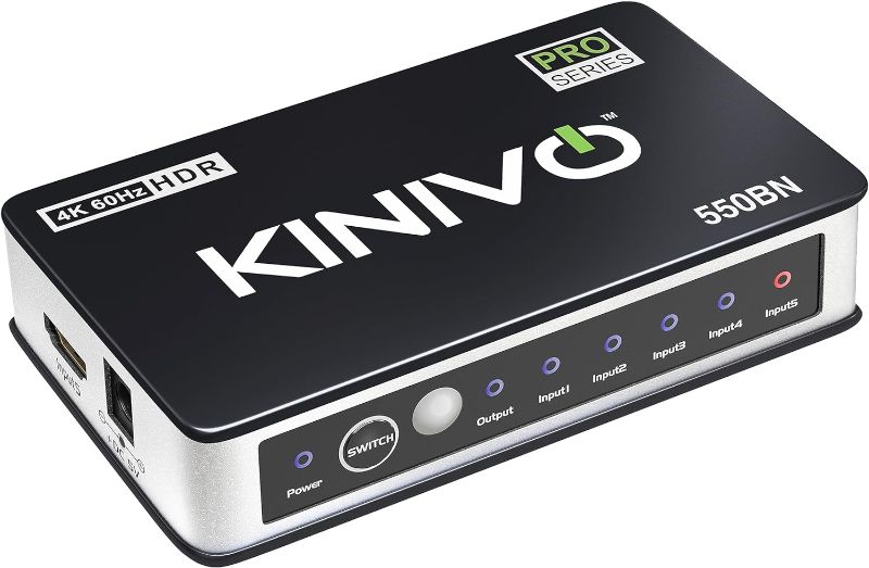 Photo 1 of Kinivo HDMI Switch 4K HDR 550BN (5 in 1 Out, 4K 60Hz HDR, HDMI 2.0, High Speed 18Gbps, IR Remote, HDCP) - Compatible with Roku, PS5, Xbox, Apple TV, Nintendo Switch, Cable Box
