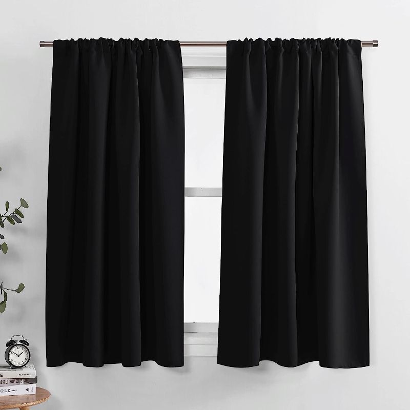 Photo 1 of PONY DANCE Bedroom Blackout Curtains - Black Short Shades 45 inch Long,Light Block Thermal Insulated Panels for Kitchen,Rod Pocket Room Darkening Window Treatments, 42" Wide x 45" Long,2 Pieces
