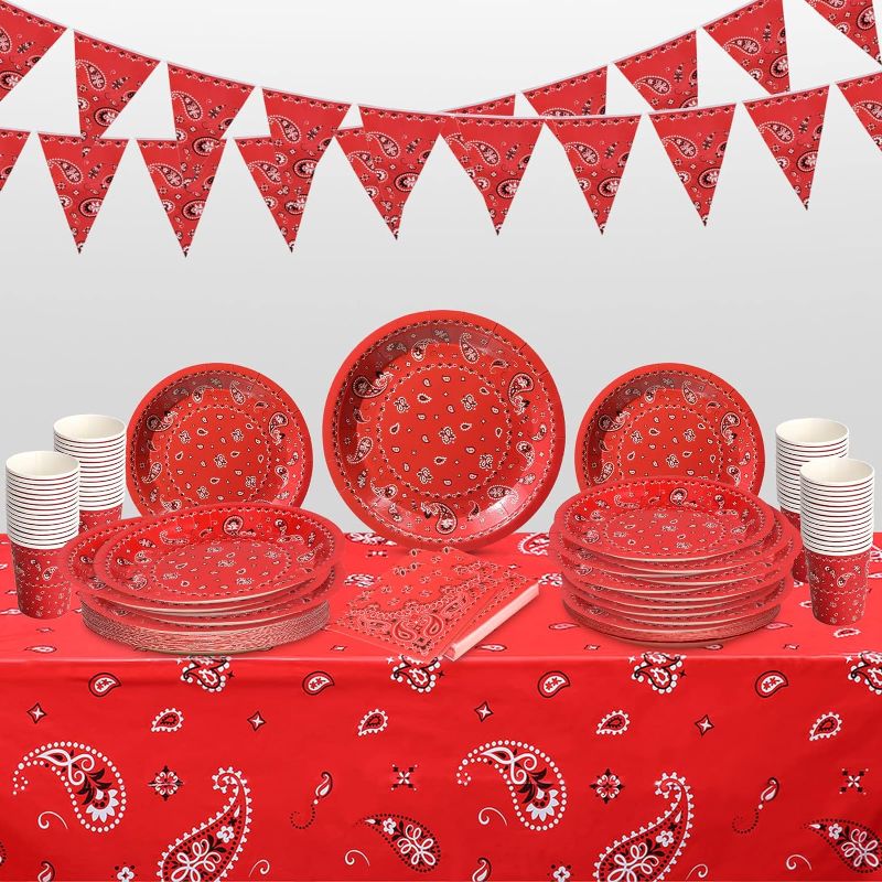 Photo 1 of 123 Pcs Western Cowboy Party Decoration Include 1 Plastic Paisley Print Tablecloth 2 Bandana Pennant Banner 60 Disposable Paper Plates 30 Cups and 30 Napkins for Western Cowboy Theme Party (Red)
