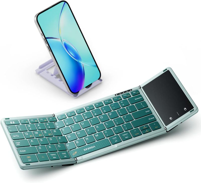 Photo 1 of seenda Foldable Bluetooth Keyboard with Touchpad, Portable Folding Keyboard with PU Leather & Phone Holder, Small Travel Keyboard for iPad Tablet Laptop for College Students - Sage Green
