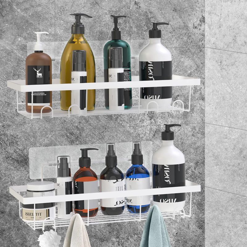 Photo 1 of 2 Pack Adhesive White Shower Caddy Organizer with Hooks, Rustproof No Drilling Wall Mounted Storage Shelf Rack for Inside Shower/Bathroom/Kitchen
