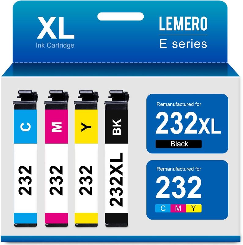 Photo 1 of LEMERO 232XL Ink Cartridges Combo Pack Replacement for Epson 232 Ink Cartridge T232 232XL High Yield for Epson Expression Home XP-4200 XP-4205 Workforce WF-2930 WF-2950 (Black, Cyan, Magenta, Yellow)
