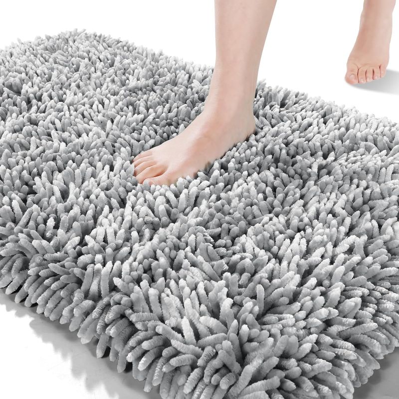 Photo 1 of Yimobra Bathroom Rug Mat 24 x 17 Inch, Extra Soft and Absorbent Luxury Chenille Shaggy Bath Rugs Non Slip, Machine Washble Dry, Plush Floor Carpet for Tub, Shower, and Bath Room, Light Gray
