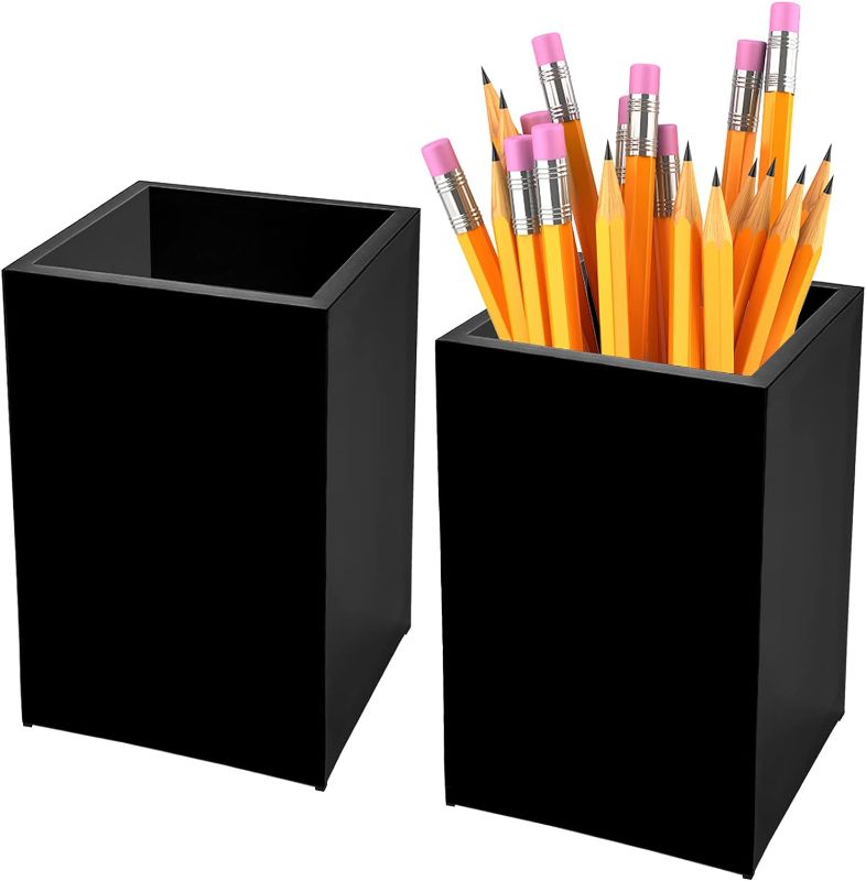 Photo 1 of 2 Pack Black Acrylic Pencil Pen Holder Cup,Desk Accessories Holder,Makeup Brush Storage Organizer,Modern Design Desktop Stationery Organizer for Office School Home Supplies,2.6x 2.6x 4 inches
