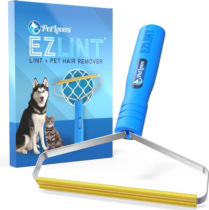 Photo 1 of PetLovers EzLint Pet Hair Remover - Reusable Dog and Cat Fur Removal Tool, Portable Carpet Scraper & Rake for Couches, Furniture, Rugs, Mats, and Clothes Blue
