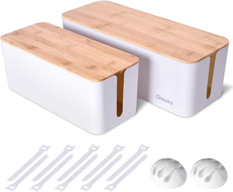 Photo 1 of 2 Pack Large Cable Management Box – Wooden Style Cord Organizer and Cover for TV Wires, Computer, Router, USB Hub and Under Desk Power Strip – Safe ABS Material and Baby-Pets Proof Lock (White)
