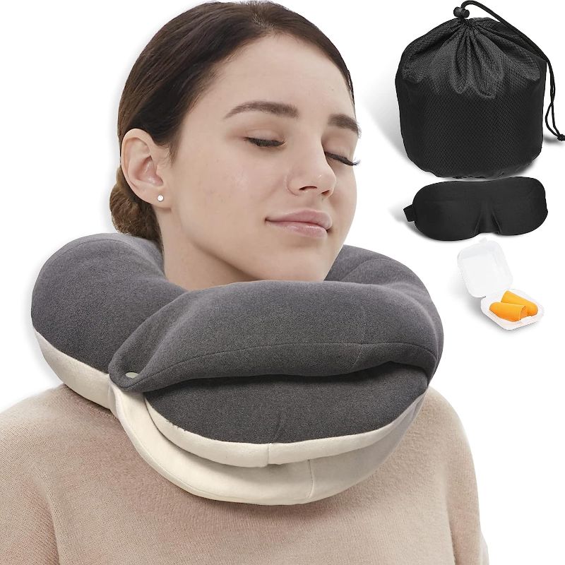 Photo 1 of BUYUE Travel Neck Pillows for Airplanes, 360° Head Support Sleeping Essentials for Long Flight, Skin-Friendly & Breathable, Kit with 3D Contoured Eye Mask, Earplugs and Storage Bag (Adult, Grey)
