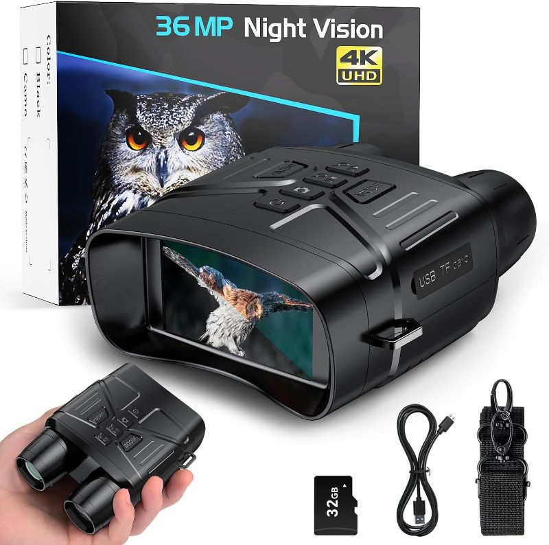 Photo 1 of Night Vision Goggles for Hunting, 4K Infrared Night Vision Binoculars with Rechargeable Battery and Anti-Shake Motion Detection for Surveillance Tactical Gear
