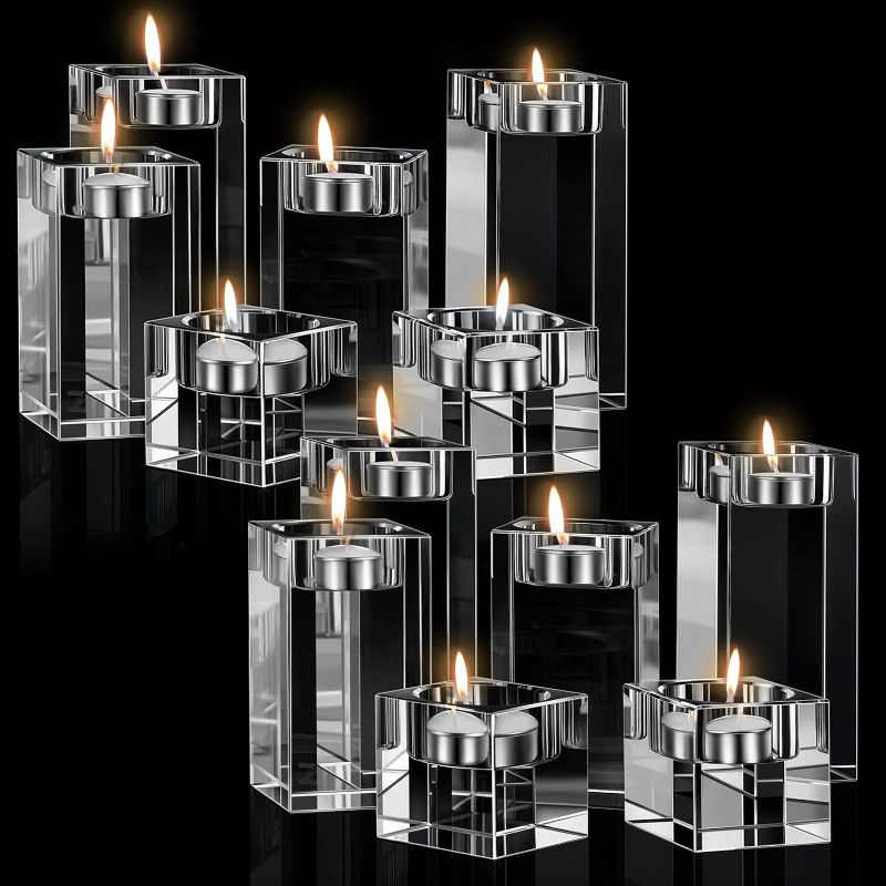 Photo 1 of 12 Pcs Crystal Candle Holders Clear Tea Light Candle Holders Square Candle Stand Glass Votive Candlestick Holders Centerpiece Table Decorations for Wedding Dining Living Room 1.57'' 3.15'' 3.94'' 