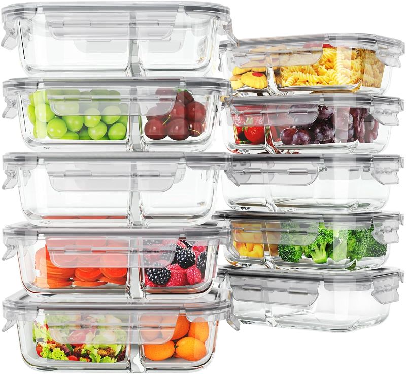 Photo 1 of 10 Pack Glass Meal Prep Containers 2 Compartment, Glass Food Storage Containers with Lids, Airtight Glass Lunch Bento Boxes, BPA-Free & Leak Proof (10 lids & 10 Containers) - Grey
