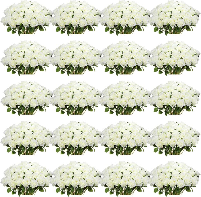 Photo 1 of 150 Pcs Artificial Silk Rose Flowers, Realistic Faux Rose with Long Stems Fake Roses Bouquets for Valentines Day Wedding Home Party Decor Bridal Bouquet DIY Floral Arrangement(White)
