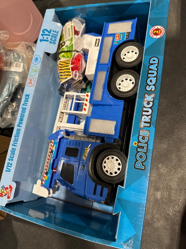 Photo 2 of Police Truck Toy - 1:12 Scale Push and Go Realistic Vehicle Playset, 3 Law Enforcement Fire Trucks Action Figure, Extendable Ladder, Accessories w/ Lights Sounds for Kids 3 4 5 6 7 8 Year Old, Blue Police Truck Playset