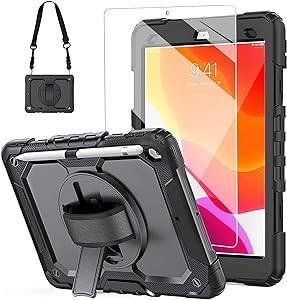 Photo 2 of New iPad 9th/8th/7th Generation Case 2021/2020/2019 10.2 Inch with Tempered Glass Screen Protector & Pencil Holder | Rugged Protective Kids iPad 10.2 Case Cover w/Stand Hand Shoulder Strap |Black
