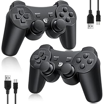 Photo 1 of Controller 2 Pack for PS3 Wireless Controller for Sony Playstation 3, Double Shock 3, Bluetooth, Rechargeable, Motion Sensor, 360° Analog Joysticks, Remote for PS3, 2 USB Charging Cords, Black
