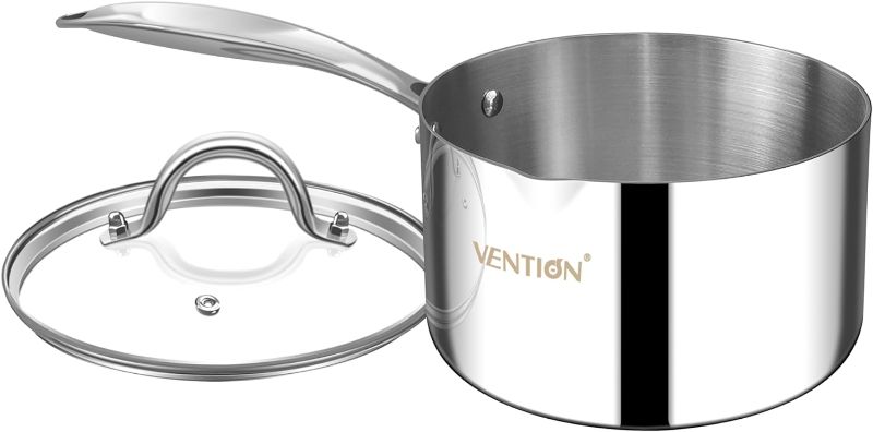 Photo 1 of VENTION Tri-Ply Stainless Steel 1.5 Quart Saucepan with Lid, Bright Small Sauce Pan with Pour Spout, Small Pots for Cooking, Left Hand
