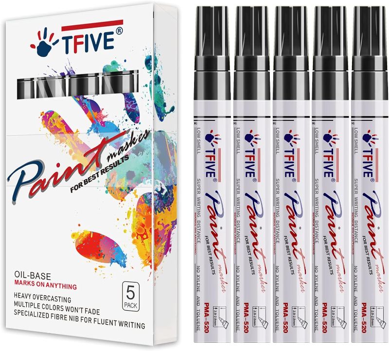 Photo 1 of TFIVE Black Paint Marker Paint Pens - 5 Pack Oil Based Permanent Marker Pen, Medium Tip, Waterproof & Quick Dry, for Office, Art projects, Rock Painting, Ceramic, Glass, Wood, Plastic, Metal, Canvas
