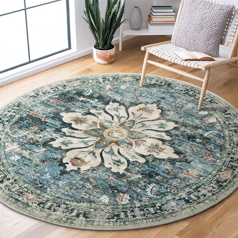Photo 1 of 6ft Round Rug, Area Rugs 6ft, Washable Rug, Non-Slip, Rugs for Living Room, Rugs for Bedroom, Circle Rug, Vintage Rugs Boho Floral Medallion, Low Pile, Soft, Blue Navy Beige Gray
