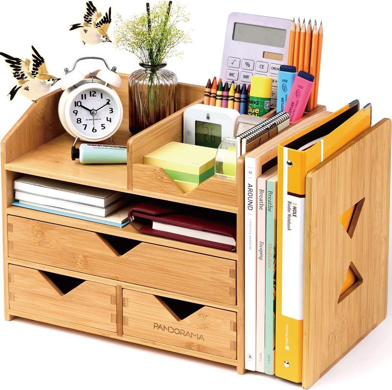 Photo 1 of Bamboo Desk Organizer with Adjustable File & Book Holder, 4Tier Dektop Storage for Office, A4 Full Size Drawer, No Assembly Required,Kitchen and Bedroom
