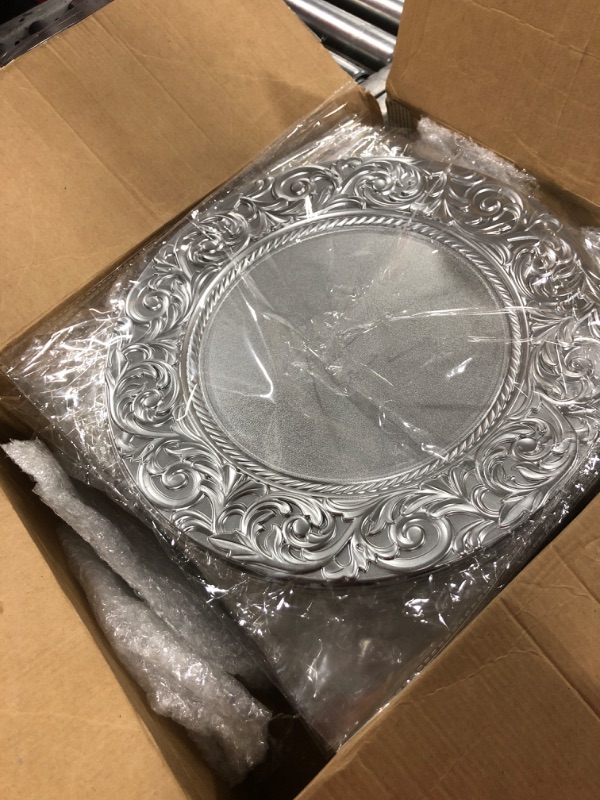Photo 2 of 50 Pcs Antique Charger Plates Bulk 13 Inch Embossed Rim Plastic Charger Plate Decorative Round Plate Chargers for Dinner Wedding Party Event Table Setting Decoration (Silver White)