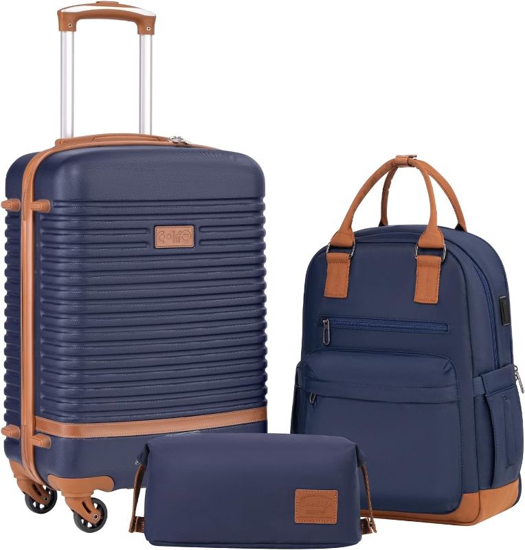 Photo 1 of Coolife Suitcase Set 3 Piece Luggage Set Carry On Travel Luggage TSA Lock Spinner Wheels Hardshell Lightweight Luggage Set(Navy, 3 piece set (BP/TB/20))
