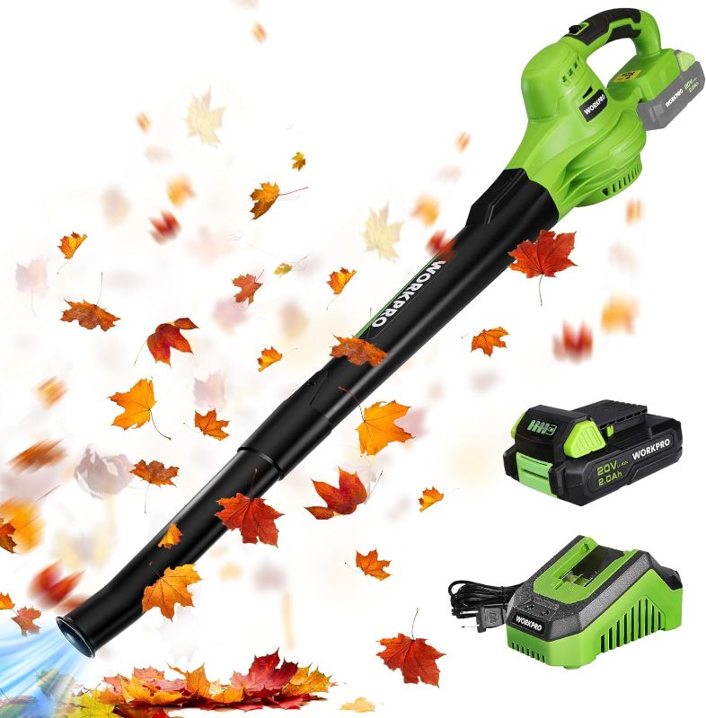Photo 1 of WORKPRO Cordless Leaf Blower, 20V Battery Powered Leaf Blower for Lawn Care, 2-Speed Control Lightweight Mini Electric Leaf Blower wih Battery and Charger