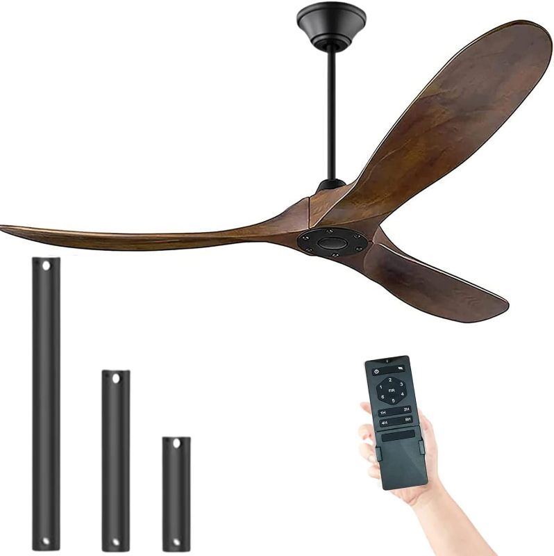 Photo 1 of Ceiling Fan without Lights, 52" Wood Ceiling Fans with Remote, Outdoor Ceiling Fan for Patio, Damp Rated 3 Blade Large Airflow Indoor Outdoor Commercial Ceiling Fan for Exterior House Porch Gazebo
