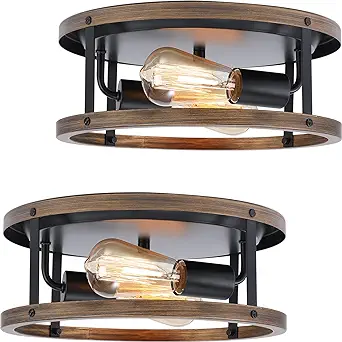 Photo 1 of 2 Pack Farmhouse Ceiling Light Fixture,Super Bright E26 Base 2-Light Hallway Light Fixtures Ceiling,Anti-Corrosion Wood and Black Flush Mount Ceiling Light for Hallway, Kitchen,Entry,Porch Etc