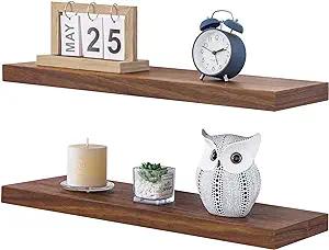 Photo 1 of Walnut Floating Shelves 24 Inch, 8'' Deep Rustic Wood Wall Shelves Set of 2, Storage Shelves Wall Mounted for Bedroom, Living Room, Kitchen, Heavy-Duty Metal Bracket