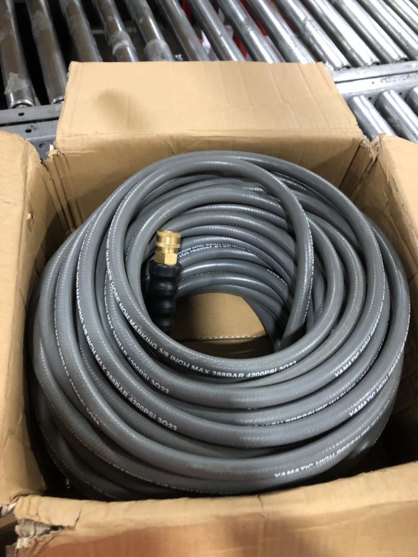 Photo 2 of YAMATIC Non Marking 3/8" 4200 PSI Pressure Washer Hose 150 FT, for Hot/Cold Water Rubber Wire Braided, Kink Free Swivel 3/8" Quick Connection, Industry Grade for Power Washer, Super Wear Resistant Gray 150 FT