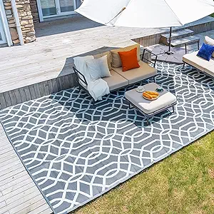 Photo 1 of wikiwiki Reversible Rugs Mats, 9x12ft Waterproof Outdoor Patio Rug,Large Plastic Straw Floor Mat for Camping, RV, Garden, Balcony, Outside Area Carpet,Grey Grey 9x12 FT