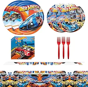 Photo 1 of 51 Pcs Racing Party Supplies Red Car Hot Wheel Racing Tableware Set Boy Birthday Racing Dinner Dessert Plate Napkin Fork Serves 10 Guests