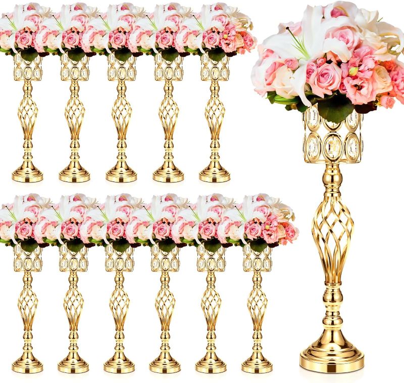 Photo 1 of Tatuo 12 Pcs 24 Inch Gold Wedding Centerpiece Vases for Table Crystal Flower Trumpet Vase Metal Flower Vase Stand with Diamond for Wedding Party Reception Dining Room Living Room