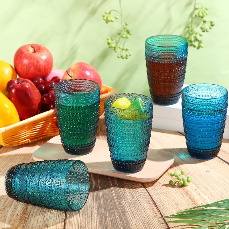 Photo 1 of 6 Pcs Hobnail Drinking Glasses 13 Oz Vintage Glassware Set Old Fashioned Glass Cups Bulk Blue Embossed Glassware Highball Bubble Beaded Glasses for Cocktail Juice Beer Wine Milk Beverage Water