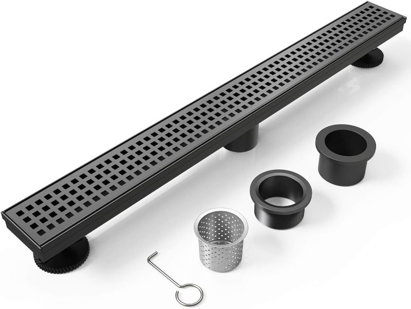 Photo 1 of WEBANG 36 Inch Shower Linear Black Drain Rectangular Floor Drain with Accessories Capsule Pattern Cover Grate Removable SUS304 Stainless Steel CUPC Certified Matte Black Matte Black 36 Inch