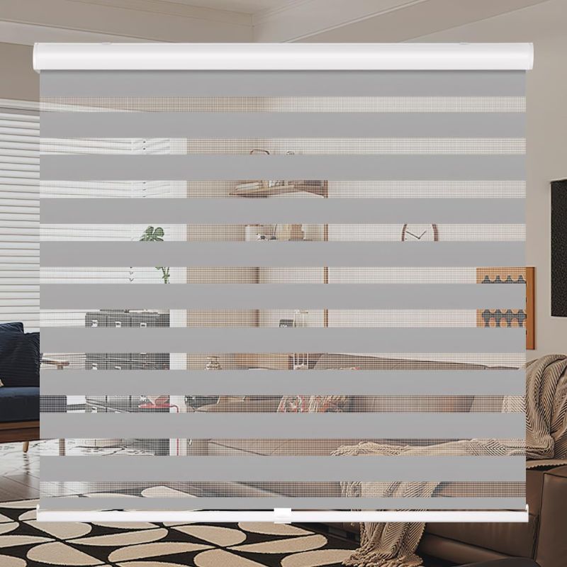Photo 1 of Grandekor Cordless Free Stop Zebra Window Blinds, Zebra Roller Shades for Windows with Dual Layer Sheer Window Treatments Room Darkening Day and Night Light Filtering Window Shades, Grey, 27" Wx72 H
