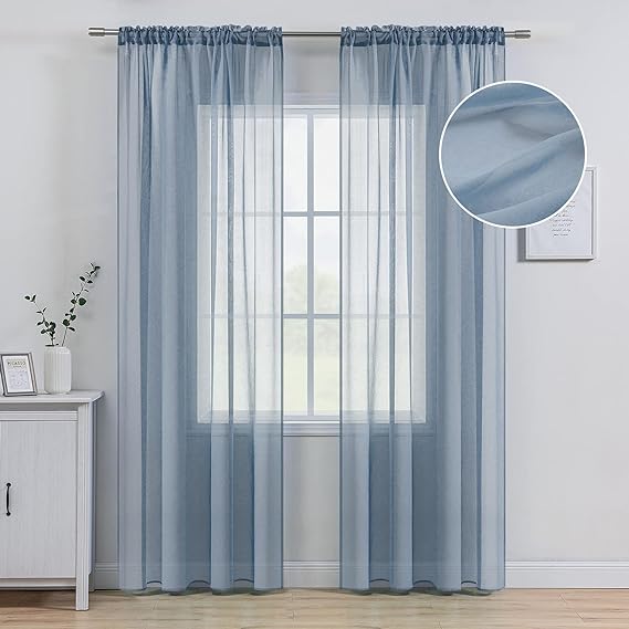 Photo 1 of MIULEE Dusty Blue Linen Textured Sheer Curtains 2 Panels for Bedroom/Living Room Semi Transparent Farmhouse Window Net Panels with Rod Pocket Light Blue 2 Pieces W 54 x L 72 inches Long