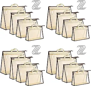 Photo 1 of 16 Pack Clear Handbag Storage Organizer and 16 Stainless Steel S-Hooks Anti-dust Purse Storage Bags with Zipper and Handle Moisture Proof Dust Cover Organizer Bags for Closet Hanging, 4 Assorted Sizes