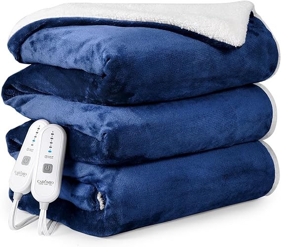 Photo 1 of CAROMIO Electric Blanket, Large Thick Sherpa Heated Blanket Queen with Dual Control 5 Heating Levels & 10 Hours Auto Off, Machine Washable Fast Heating Blanket, Blue
