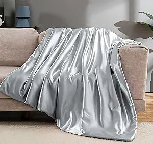 Photo 1 of Vonty Satin Throw Blanket Silver Grey Satin Blankets 60x80 Inches, Cooling & Silky Throw Blanket Wrinkle-Free Cable Knit Throw Blanket for Coush Sofa Bed Outdoor