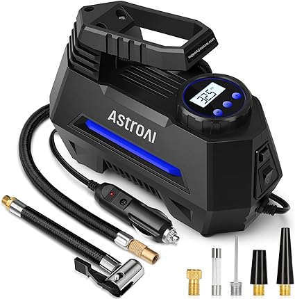 Photo 1 of AstroAI Tire Inflator Portable Air Compressor Tire Air Pump for Car Tires - Car Accessories, 12V DC Auto Pump with Digital Pressure Gauge, Emergency LED Light for Bicycle, Balloons, Blue