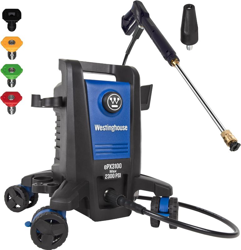 Photo 1 of Westinghouse ePX3100 Electric Pressure Washer, 2300 Max PSI 1.76 Max GPM with Anti-Tipping Technology, Onboard Soap Tank, Pro-Style Steel Wand, 5-Nozzle Set, for Cars/Fences/Driveways/Home/Patios
