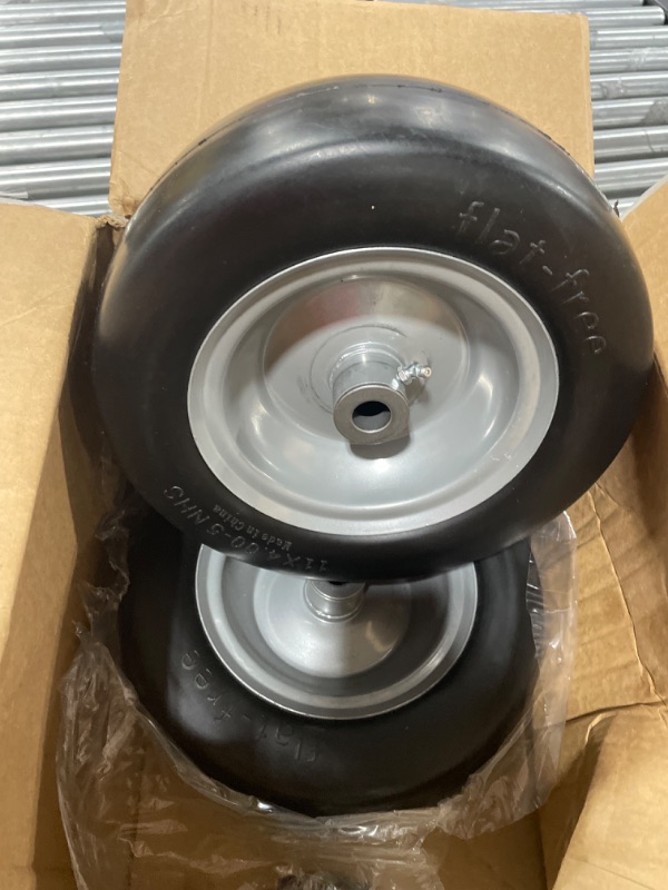 Photo 1 of 11x4.00-5 lawn mower tires flat free, Solid Smooth Tires and Wheel with 3/4" or 5/8" & 1/2" Precision bearings, 3.4"-5.6" Centered Hub, for Zero-Turn Lawn Mowers, Extra Universal Adapter Kit (2 Pack)