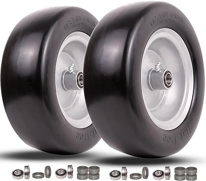 Photo 1 of 11x4.00-5 lawn mower tires flat free, Solid Smooth Tires and Wheel with 3/4" or 5/8" & 1/2" Precision bearings, 3.4"-5.6" Centered Hub, for Zero-Turn Lawn Mowers, Extra Universal Adapter Kit (2 Pack)