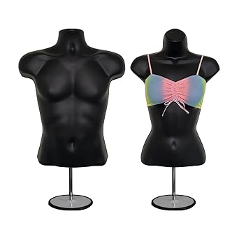 Photo 1 of Black Male + Female Mannequin Hollow Back Body Torso Set w/Metal Stand with Metal Pole & Hanging Hook, S-M Sizes